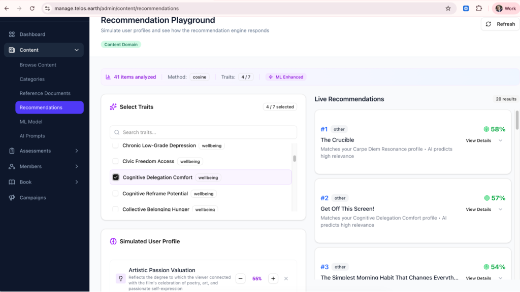 A playground to allow content authors and AI agents optimize and visualize changes in content recommendation base on simulation of user profiles
